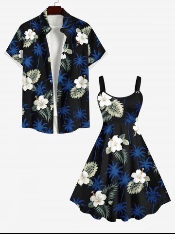 Plus Size Tropical Leaves Floral Coconut Tree Print Hawaii A Line Tank Dress