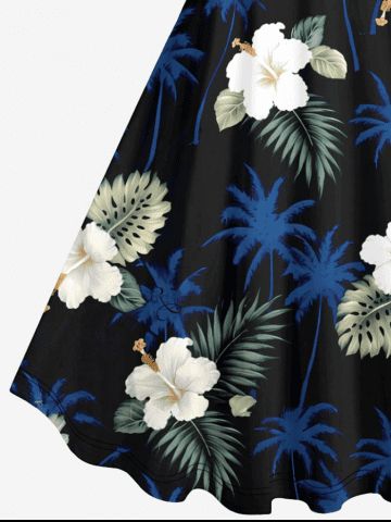 Plus Size Tropical Leaves Floral Coconut Tree Print Hawaii A Line Tank Dress