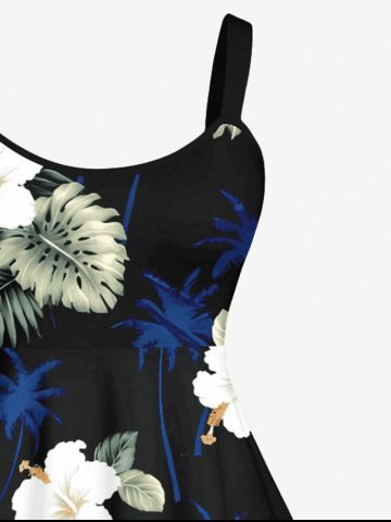 Plus Size Tropical Leaves Floral Coconut Tree Print Hawaii A Line Tank Dress