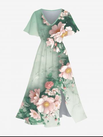 Robe Mi-Longue Ligne A Fendue Fleur et Vague de Mer Imprimées de Grande Taille avec Poche - GREEN - S