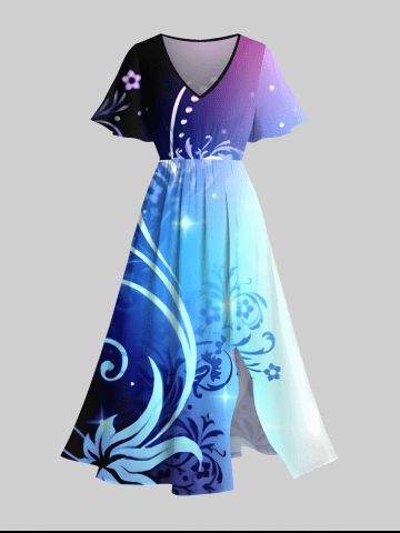 Plus Size Curved Floral Glitter Star Ombre Galaxy Print Hawaii Split Pocket A Line Midi Dress - MULTI-A - 5X