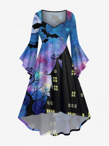 Plus Size Bat Moon Tree Branch Castle Colorful Ombre Galaxy Print Halloween Costume Ruched High Low Asymmetric Dress - MULTI-A - S