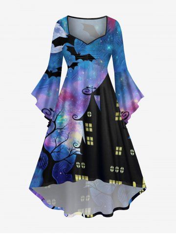 Plus Size Bat Moon Tree Branch Castle Colorful Ombre Galaxy Print Halloween Costume Ruched High Low Asymmetric Dress - MULTI-A - 3X
