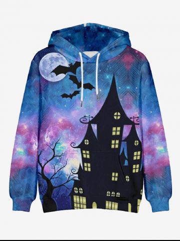 Plus Size Bat Moon Tree Branch Castle Colorful Ombre Galaxy Print Halloween Pocket Drawstring Pullover Hoodie For Men