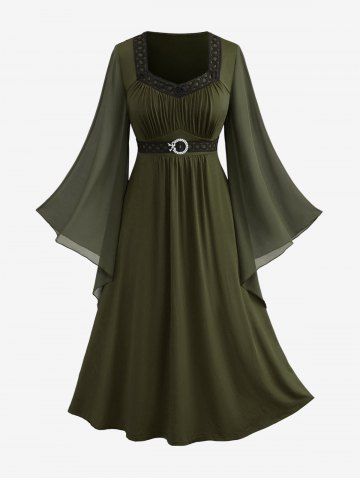 Plus Size Bell Sleeves Ruched Braided Buckle Belted A Line Renaissance Midi Dress - DEEP GREEN - L | US 12