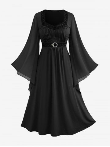 Plus Size Bell Sleeves Ruched Braided Buckle Belted A Line Renaissance Midi Dress - BLACK - L | US 12