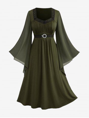 Plus Size Bell Sleeves Ruched Braided Buckle Belted A Line Renaissance Midi Dress - DEEP GREEN - M | US 10