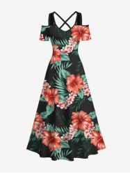 Plus Size Tropical Leaf Hibiscus Flower Print Cold Shoulder Crisscross Hawaii Maxi Dress -  