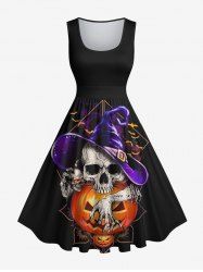 Plus Size Halloween Costume Pumpkin Skull Bat Hat Print 1950s Vintage Dress -  