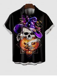 Plus Size Halloween Pumpkin Skull Bat Hat Print Buttons Pocket Shirt For Men -  