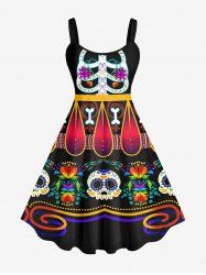 Plus Size Halloween Costume Skeleton Skull Flowers Ethnic Pattern Print Tank Dress -  