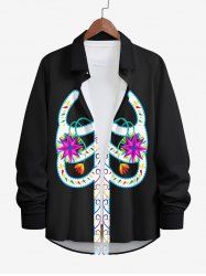 Plus Size Halloween Skeleton Flowers Ethnic Pattern Print Buttons Long Sleeve Shirt For Men -  
