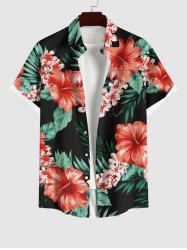 Plus Size Tropical Leaf Hibiscus Flower Print Buttons Pocket Hawaii Shirt For Men -  