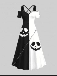 Plus Size Halloween Costume Pumpkin Face Colorblock Ripped Sewing 3D Print Cold Shoulder Crisscross Maxi Dress -  