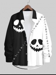 Plus Size Halloween Pumpkin Face Colorblock Ripped Sewing 3D Print Buttons Long Sleeve Shirt For Men -  