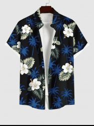 Plus Size Tropical Leaves Floral Coconut Tree Print Hawaii Button Pocket Shirt For Men -  