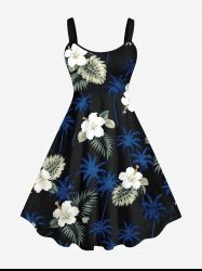 Plus Size Tropical Leaves Floral Coconut Tree Print Hawaii A Line Tank Dress -  