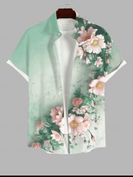 Plus Size Flower Leaves Sea Waves Print Hawaii Ombre Button Pocket Shirt For Men -  