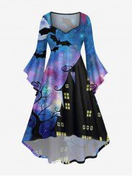 Plus Size Bat Moon Tree Branch Castle Colorful Ombre Galaxy Print Halloween Costume Ruched High Low Asymmetric Dress -  