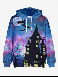 Plus Size Bat Moon Tree Branch Castle Colorful Ombre Galaxy Print Halloween Pocket Drawstring Pullover Hoodie For Men -  