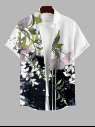 Plus Size Flower Leaf Branch Colorblock Print Hawaii Button Pocket Shirt For Men -  