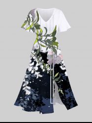 Robe midi trapèze grande taille à imprimé floral et branches, style hawaïen, avec poches fendues et grande taille - Multi-A 2X