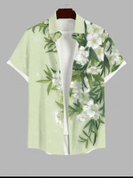Chemise hawaïenne à imprimé floral et feuilles grande taille avec poche boutonnée pour homme - Vert clair 3XL