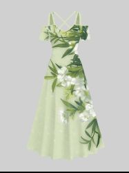 Robe longue trapèze à imprimé floral et feuilles grande taille, style hawaïen, croisée sur le devant - Vert clair XS