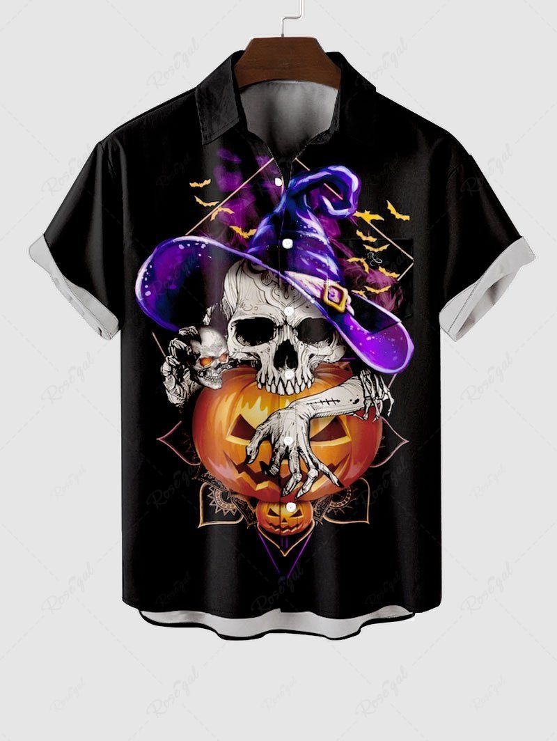 Shop Plus Size Halloween Pumpkin Skull Bat Hat Print Buttons Pocket Shirt For Men  