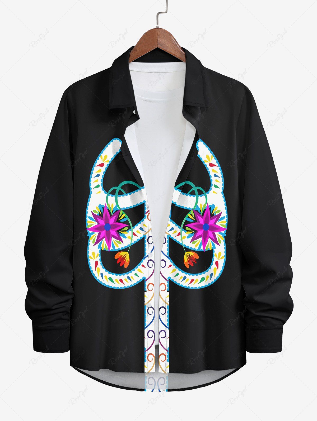 Store Plus Size Halloween Skeleton Flowers Ethnic Pattern Print Buttons Long Sleeve Shirt For Men  