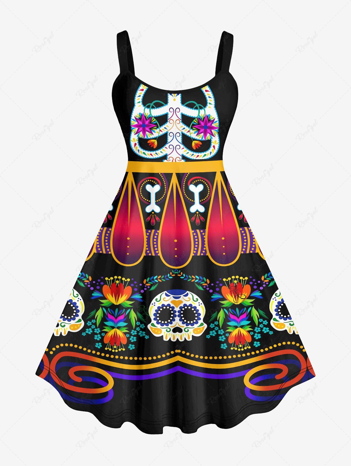 Robe D'Halloween Costume Ethnique Motif de Crâne Fleur Imprimés de Grande Taille Multi-A 4X