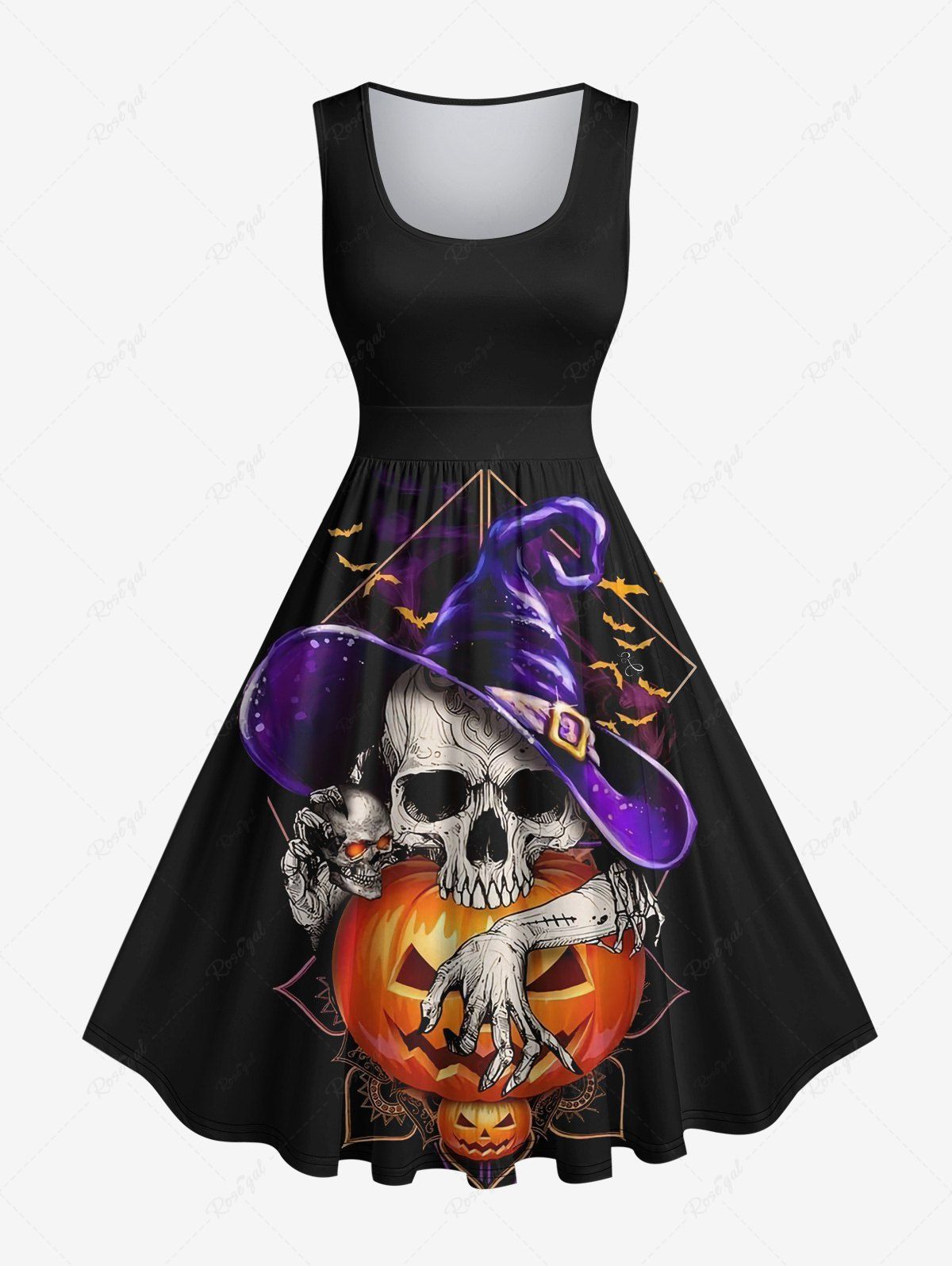Fashion Plus Size Halloween Costume Pumpkin Skull Bat Hat Print 1950s Vintage Dress  