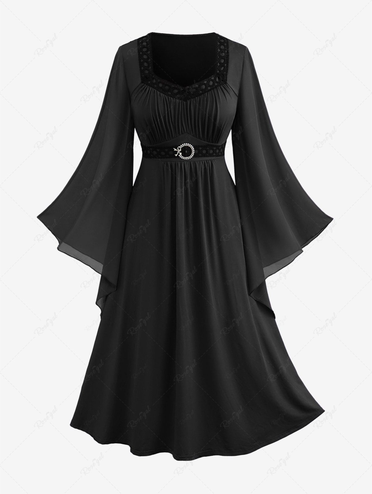 Best Plus Size Bell Sleeves Ruched Braided Buckle Belted A Line Renaissance Midi Dress  