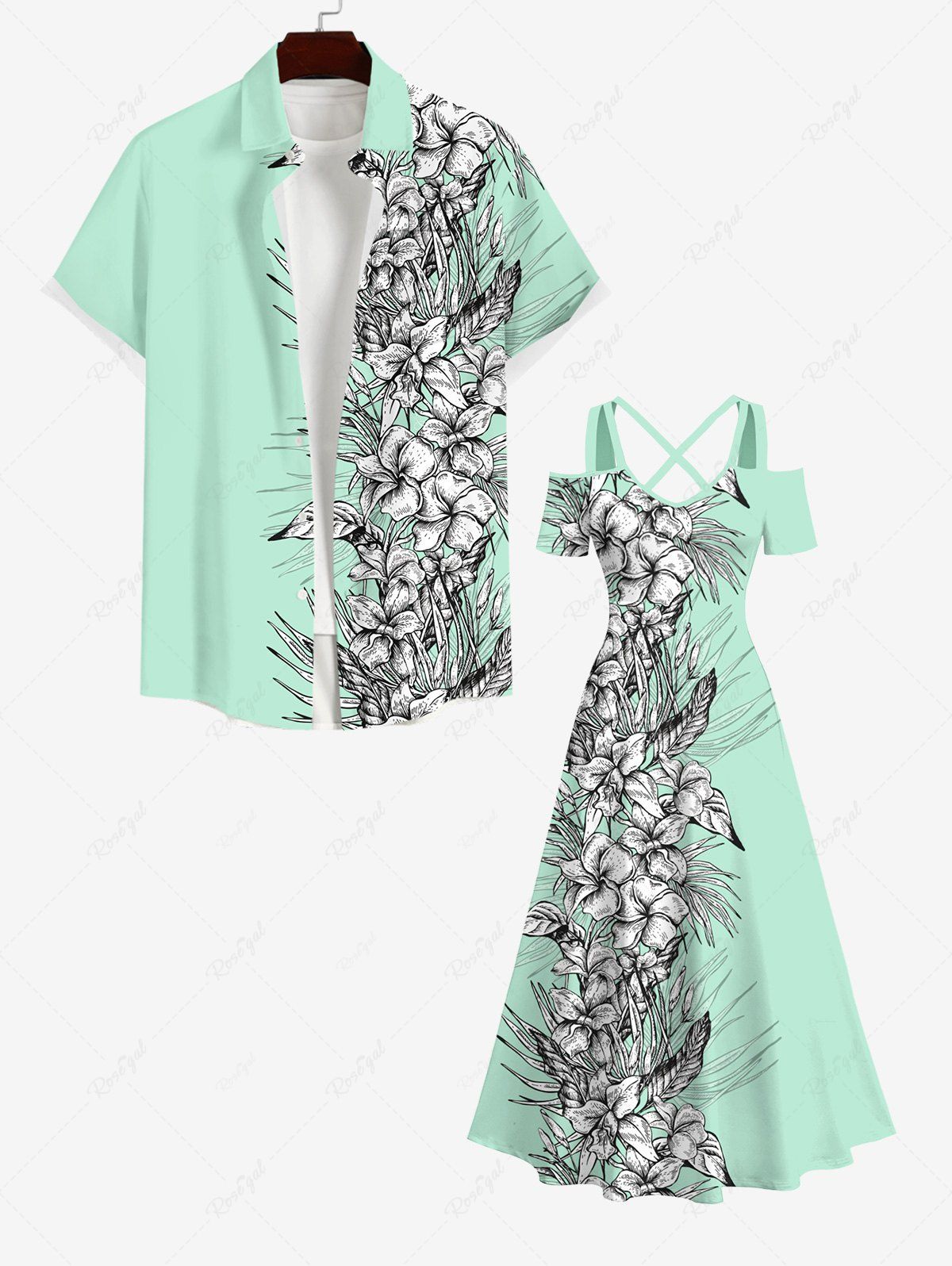 Shop Tropical Leaf Hibiscus Flower Print Plus Size Matching Hawaii Beach Outfit For Couples  