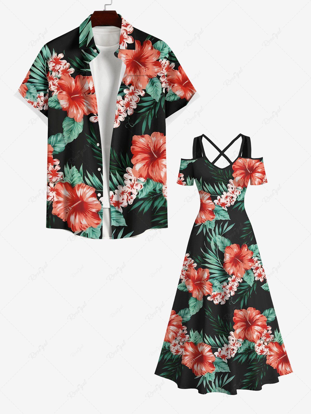 Tenue de Plage à Imprimé Fleurs et Feuilles Tropicales Grande-Taille pour Couples Multi-A 