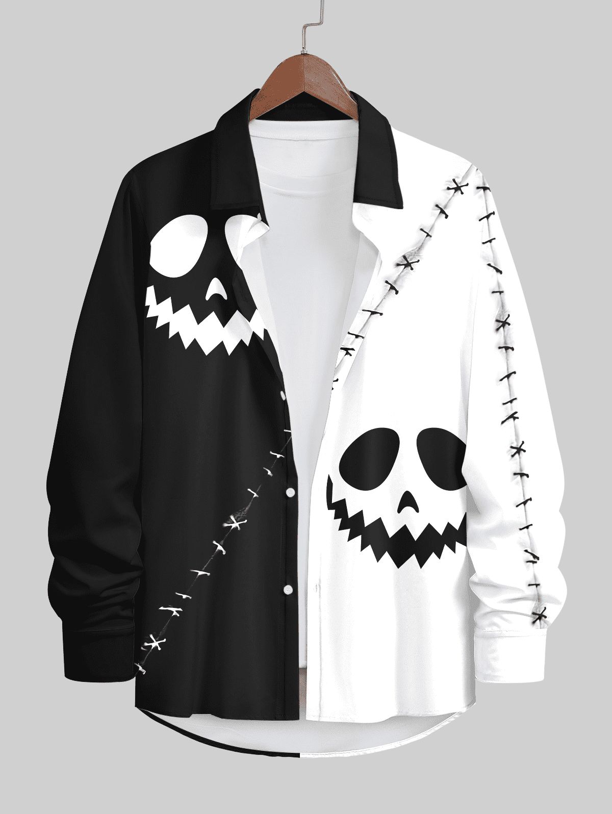 Discount Plus Size Halloween Pumpkin Face Colorblock Ripped Sewing 3D Print Buttons Long Sleeve Shirt For Men  