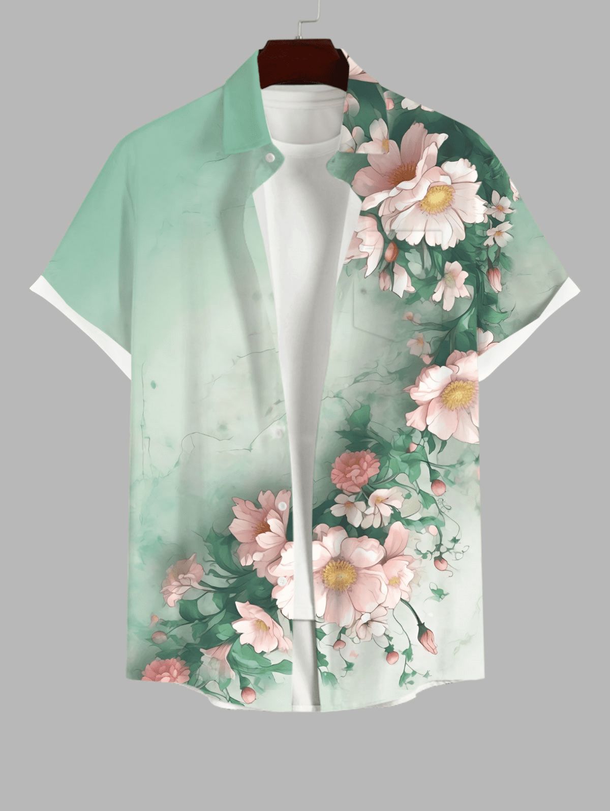 Outfits Plus Size Flower Leaves Sea Waves Print Hawaii Ombre Button Pocket Shirt For Men  