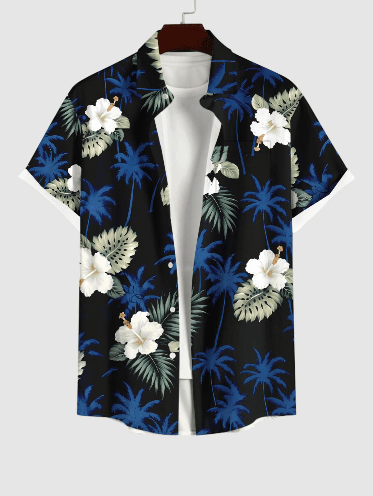 Chic Plus Size Tropical Leaves Floral Coconut Tree Print Hawaii Button Pocket Shirt For Men  