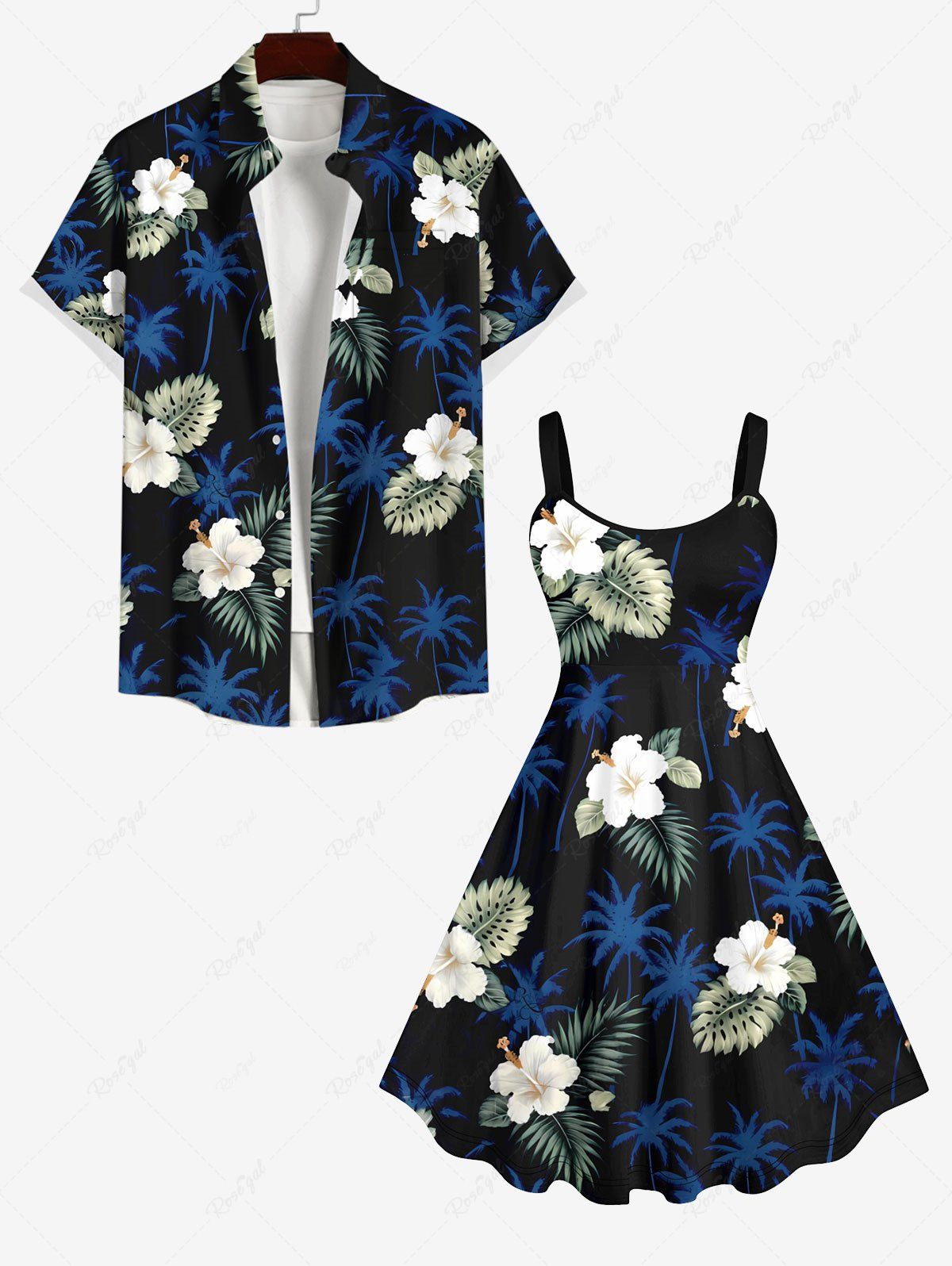 Sale Tropical Leaves Floral Coconut Tree Print Plus Size Matching Hawaii Beach Outfit For Couples  