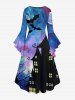 Plus Size Bat Moon Tree Branch Castle Colorful Ombre Galaxy Print Halloween Costume Ruched High Low Asymmetric Dress -  