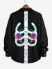 Plus Size Halloween Skeleton Flowers Ethnic Pattern Print Buttons Long Sleeve Shirt For Men -  