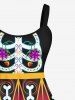 Plus Size Halloween Costume Skeleton Skull Flowers Ethnic Pattern Print Tank Dress -  