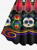 Plus Size Halloween Costume Skeleton Skull Flowers Ethnic Pattern Print Tank Dress -  