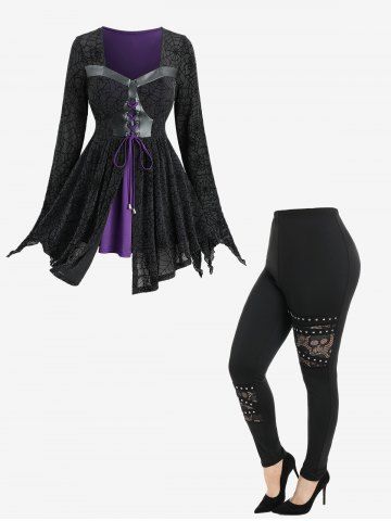 Haut Asymétrique avec Lacets et Brillant Motif Toile D'Araignée et Crâne D'Halloween Grande-Taille - BLACK