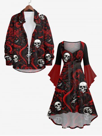 Halloween Costume Skulls Rose Flower Print Plus Size Matching Outfit For Couples - BLACK