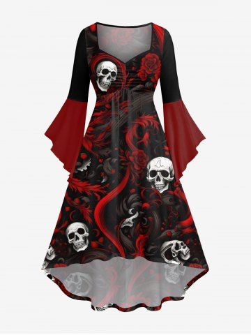 Plus Size Halloween Costume Skulls Rose Flower Print Ruched Flare Sleeve High Low Dress - BLACK - 1X