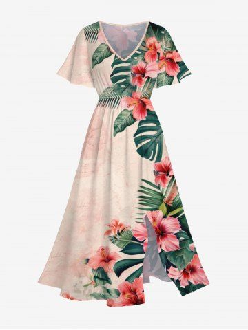 Plus Size Tropical Leaf Flowers Print Split Hawaii Midi Dress - MULTI-A - M