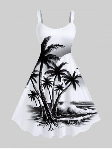 Plus Size Coconut Tree Sun Sea Waves Bird Print Hawaii Tank Dress - WHITE - 2X