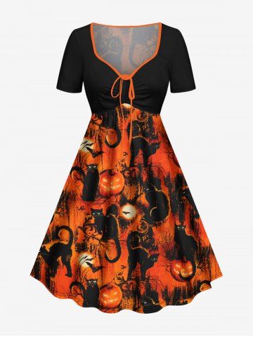 Plus Size Halloween Costume Cat Pumpkin Bat Print Cinched Dress - MULTI-A - 2X