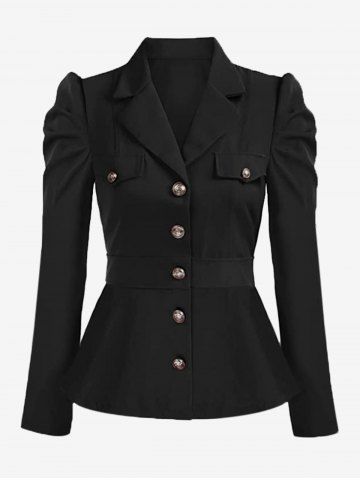 Blazer Boutonné en Couleur Unie Manches à Col Revers - BLACK - 2XL